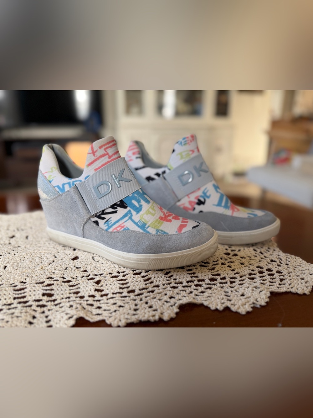 DKNY Light Gray Slip-On Sneakers with Multicolor Graffiti Print